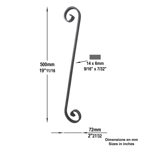 Volute forge en S H500mm 14x6mm FF20861 Volute Volute extr patte d'oie FF20861