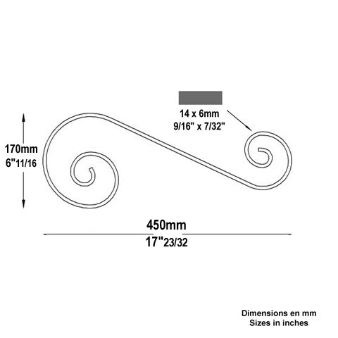 Volute forge en S H450mm 14x6mm FF2086 Volute Volute extr patte d'oie FF2086