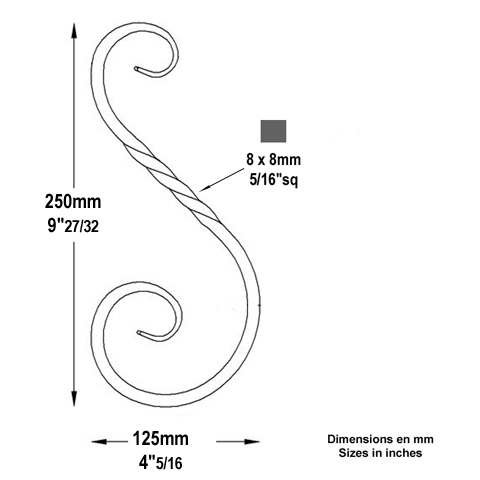 Volute forge en S H250 8x8 FF2088 Volute Volute extr patte d'oie FF2088