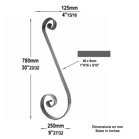 Volute forge en S H780mm 40x8mm FF2128 Volute Volute grande section FF2128