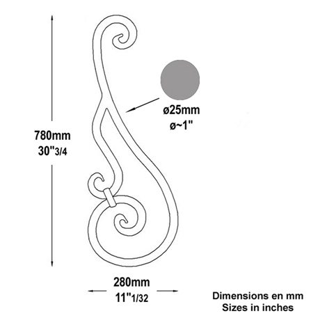 Volute assemble H780mm 25mm FF2163 Volute Volute grande section FF2163