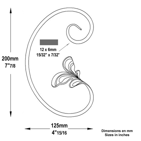 Volute feuille en C H200mm 12x6mm FF2181 Volute Volute extrmit feuille FF2181