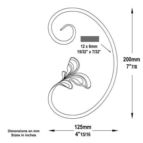 Volute feuille en C H200mm 12x6mm FF2182 Volute Volute extrmit feuille FF2182