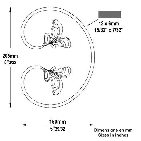 Volute feuille en C H205mm 12x6mm FF2185 Volute Volute extrmit feuille FF2185