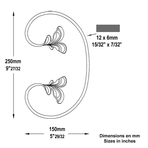 Volute feuille en C H250mm 12x6mm FF2186 Volute Volute extrmit feuille FF2186