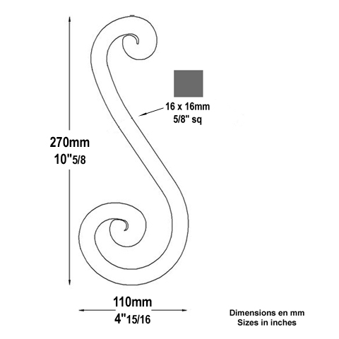 Volute noyaux en S H270mm 16x16mm FF2193 Volute Volute extrmit noyau FF2193