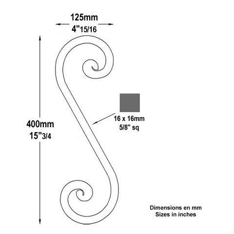 Volute noyaux en S H400mm 16x16mm FF2195 Volute Volute extrmit noyau FF2195
