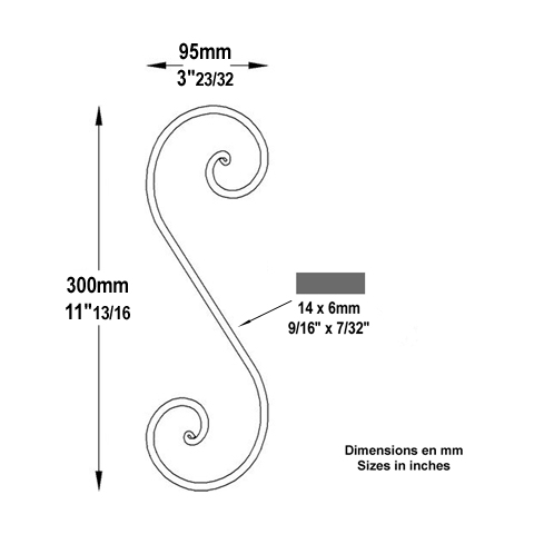 Volute noyaux en S H300mm 14x6mm FF2198 Volute Volute extrmit noyau FF2198