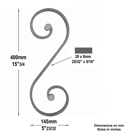 Volute noyaux en S H400mm 20x8mm FF2200 Volute Volute extrmit noyau FF2200