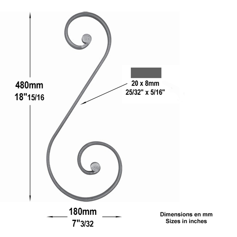 Volute noyaux en S H480mm 20x8mm FF2201 Volute Volute extrmit noyau FF2201