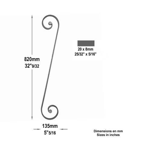 Volute noyaux en S H820mm 20x8mm FF2204 Volute Volute extrmit noyau FF2204