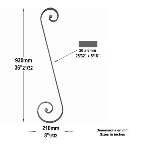Volute noyaux en S H930mm 20x8mm FF2205 Volute Volute extrmit noyau FF2205
