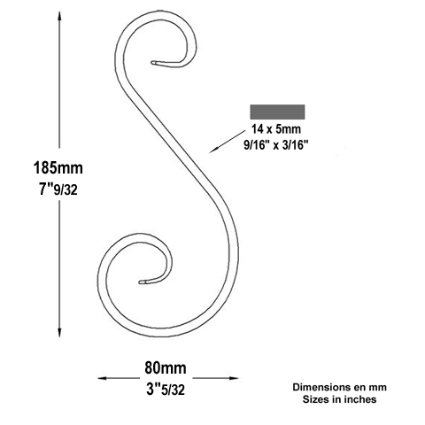 Volute alu en S H185mm 14x5mm FF2231 Volute Aluminium extr patte d'oie FF2231