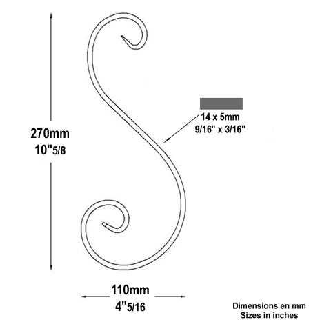 Volute alu en S H270mm 14x5mm FF2232 Volute Aluminium extr patte d'oie FF2232