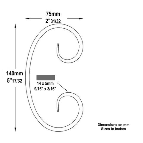 Volute alu en C H140mm 14x5mm FF2233 Volute Aluminium extr patte d'oie FF2233
