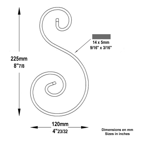 Volute alu en S H225mm 14x5mm FF2234 Volute Aluminium extrmit lisse FF2234