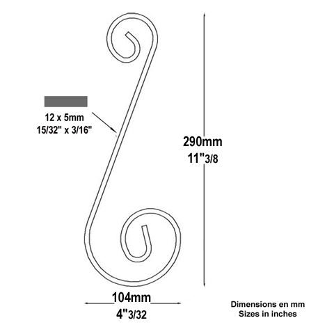 Volute alu en S H290mm 12x5mm FF2235 Volute Aluminium extrmit lisse FF2235
