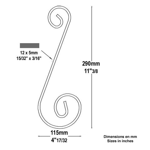 Volute alu en S H290mm 12x5mm FF2236 Volute Aluminium extrmit lisse FF2236