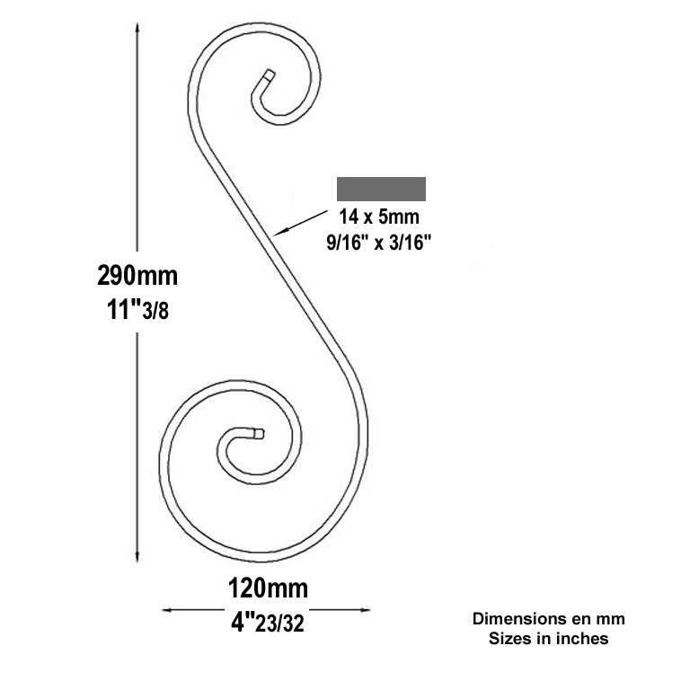 Volute alu en S H290mm 14x5mm FF2237 Volute Aluminium extrmit lisse FF2237