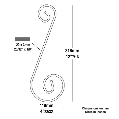 Volute alu en S H316mm 20x3mm FF22384 Volute Aluminium extrmit lisse FF22384