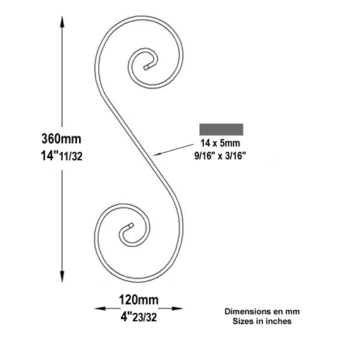 Volute alu en S H360mm 14x5mm FF2238 Volute Aluminium extrmit lisse FF2238