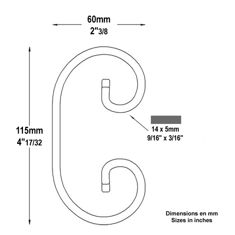 Volute alu en C H115mm 14x5mm FF2239 Volute Aluminium extrmit lisse FF2239