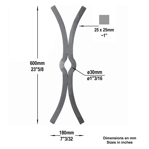 Tirant acier H600x180mm 25x25mm FG2350 Clef de tirant Tirant D30 FG2350