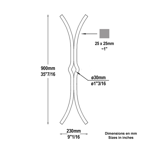 Tirant acier H900x230mm 25x25mm FG2351 Clef de tirant Tirant D30 FG2351
