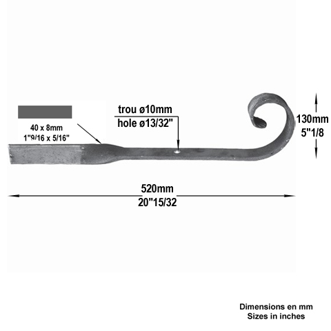 Crosse forge H520mm 40x8mm FG2353 Crosse Grande section FG2353