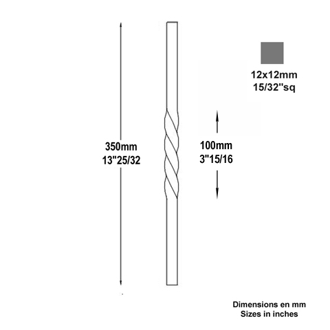 Balustre torsad H350mm 12x12mm FG2532 Balustre Acier torsad FG2532