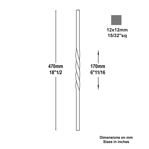 Balustre torsad H470mm 12x12mm FG2533 Balustre Acier torsad FG2533