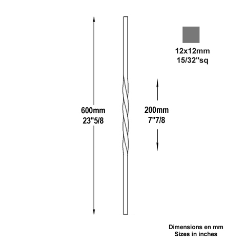Balustre torsad H600mm 12x12mm FG2534 Balustre Acier torsad FG2534