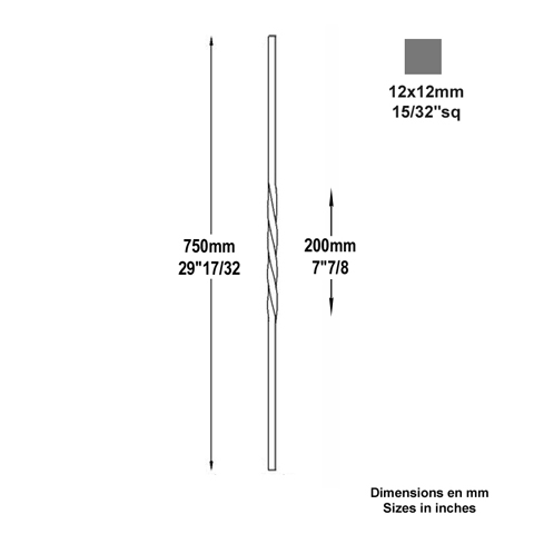 Balustre torsad H750mm 12x12mm FG2535 Balustre Acier torsad FG2535