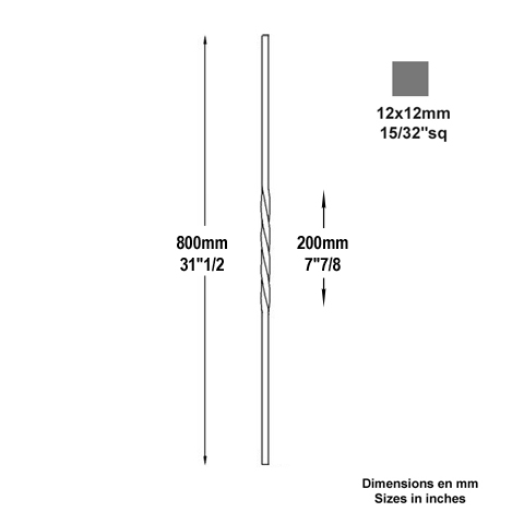 Balustre torsad H800mm 12x12mm FG2536 Balustre Acier torsad FG2536