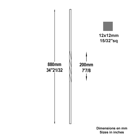 Balustre torsad H880mm 12x12mm FG2537 Balustre Acier torsad FG2537