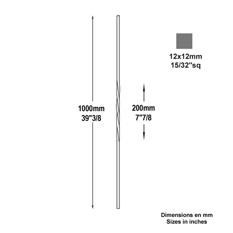 Balustre torsad H1000mm 12x12mm FG2539 Balustre Acier torsad FG2539