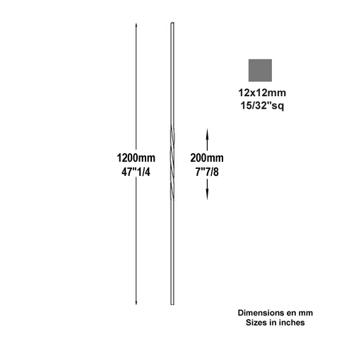 Balustre torsad H1200mm 12x12mm FG2541 Balustre Acier torsad FG2541