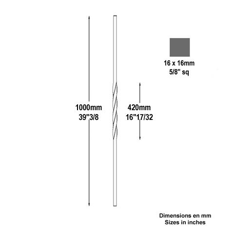 Balustre torsad H1000mm 16x16mm FG2542 Balustre Acier torsad FG2542