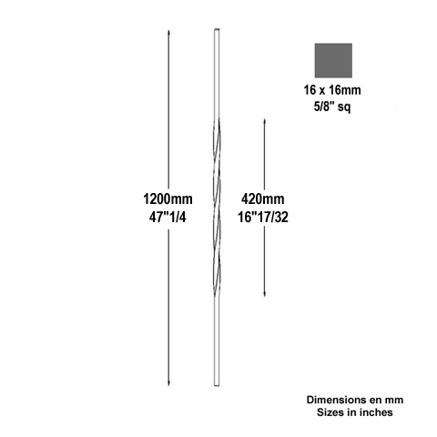 Balustre torsad H1200mm 16x16mm FG2543 Balustre Acier torsad FG2543