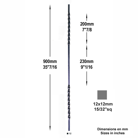 Balustre 2 torsades H900mm 12x12mm FG2544 Balustre Acier torsad FG2544