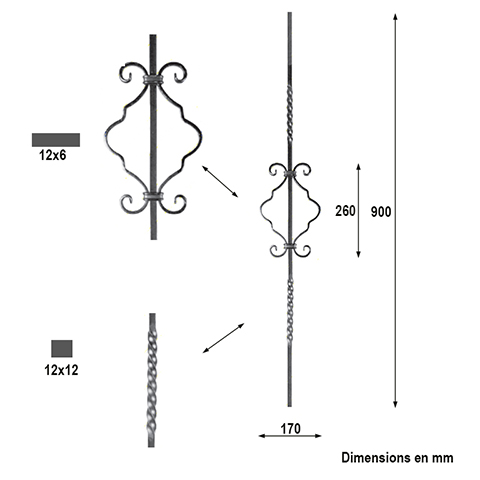 Balustre assembl H900mm 12x12mm FG2548 Balustre Acier assembl FG2548