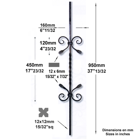 Balustre assembl H950mm 12x12mm FG2552 Balustre Acier assembl FG2552