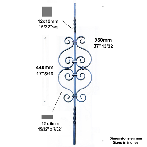 Balustre assembl H950mm 12x12mm FG2553 Balustre Acier assembl FG2553