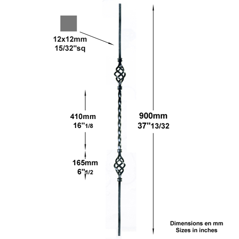 Balustre pigne H950mm 12x12mm FG2561 Balustre Acier assembl FG2561