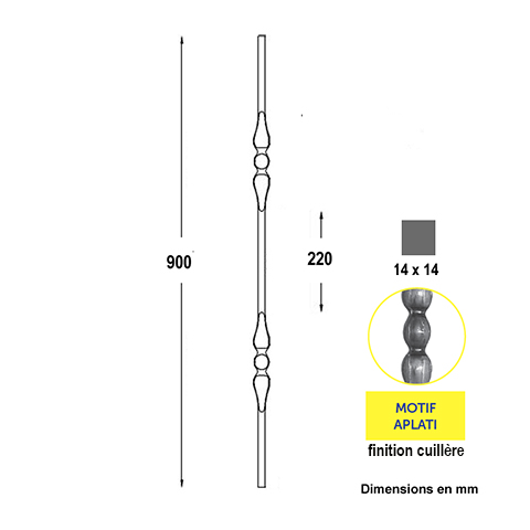 Balustre forg H900mm 14x14mm FG2566 Balustre Acier forg FG2566