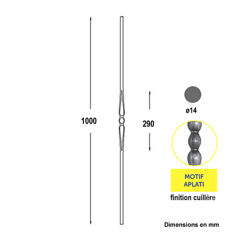 Balustre forg H1000mm 14mm FG2569 Balustre Acier forg FG2569