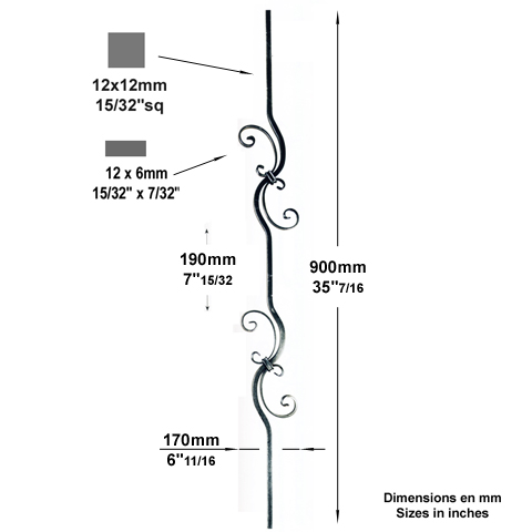 Balustre assembl H900mm 12x12mm FG2571 Balustre Acier assembl FG2571