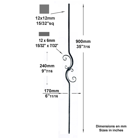 Balustre assembl H900mm 12x12mm FG2573 Balustre Acier assembl FG2573