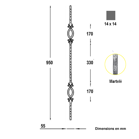 Balustre martel H950mm 14x14 FG2575 Balustre Acier martel FG2575