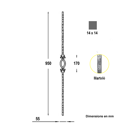 Balustre martel H950mm 14x14mm FG2576 Balustre Acier martel FG2576